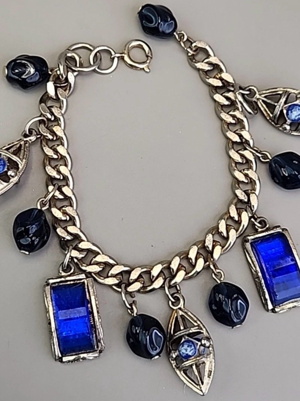 Vintage Silver-Tone Bracelet with Cobalt Blue and Black Charms